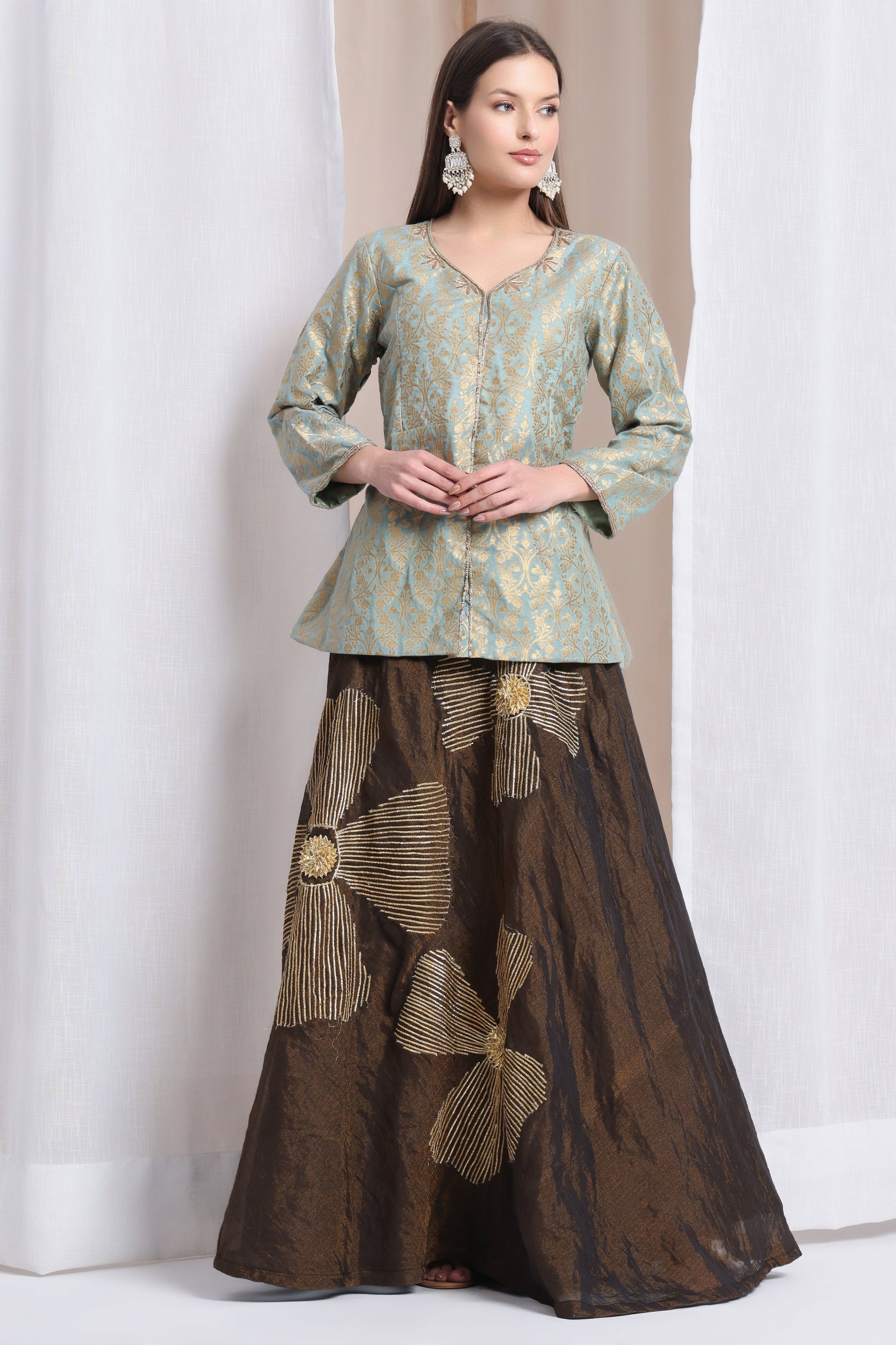 Women Skirt Top set - Aqua Blue Top & Black Skirt