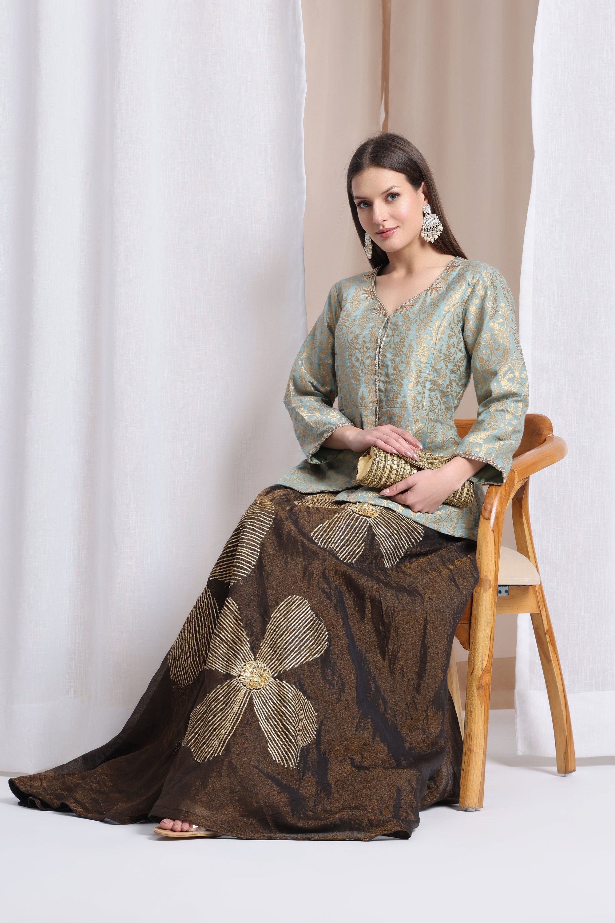 Women Skirt Top set - Aqua Blue Top & Black Skirt