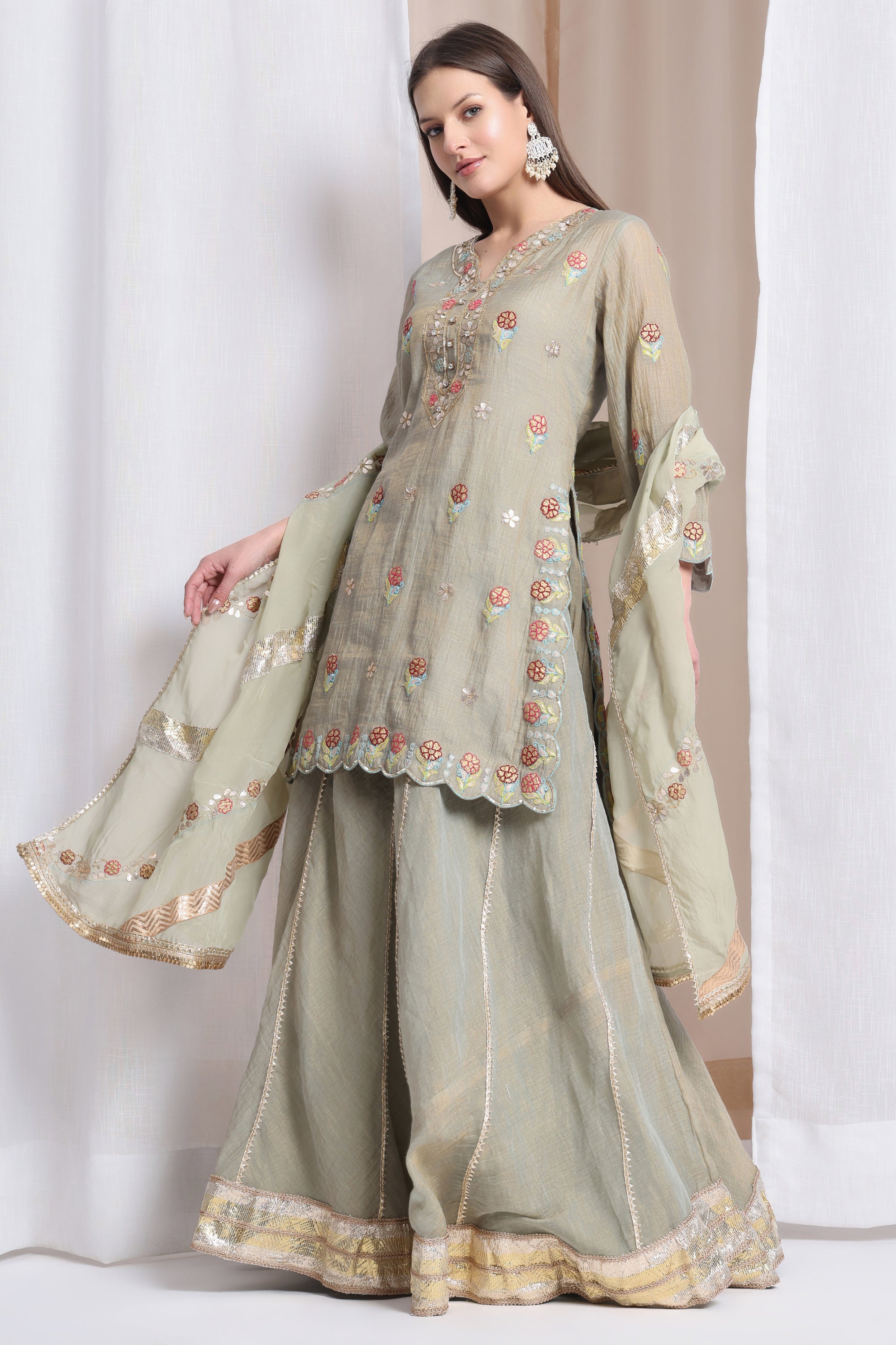 Gota & Patch Work Kurta With Lehenga and Dupatta - Light Green