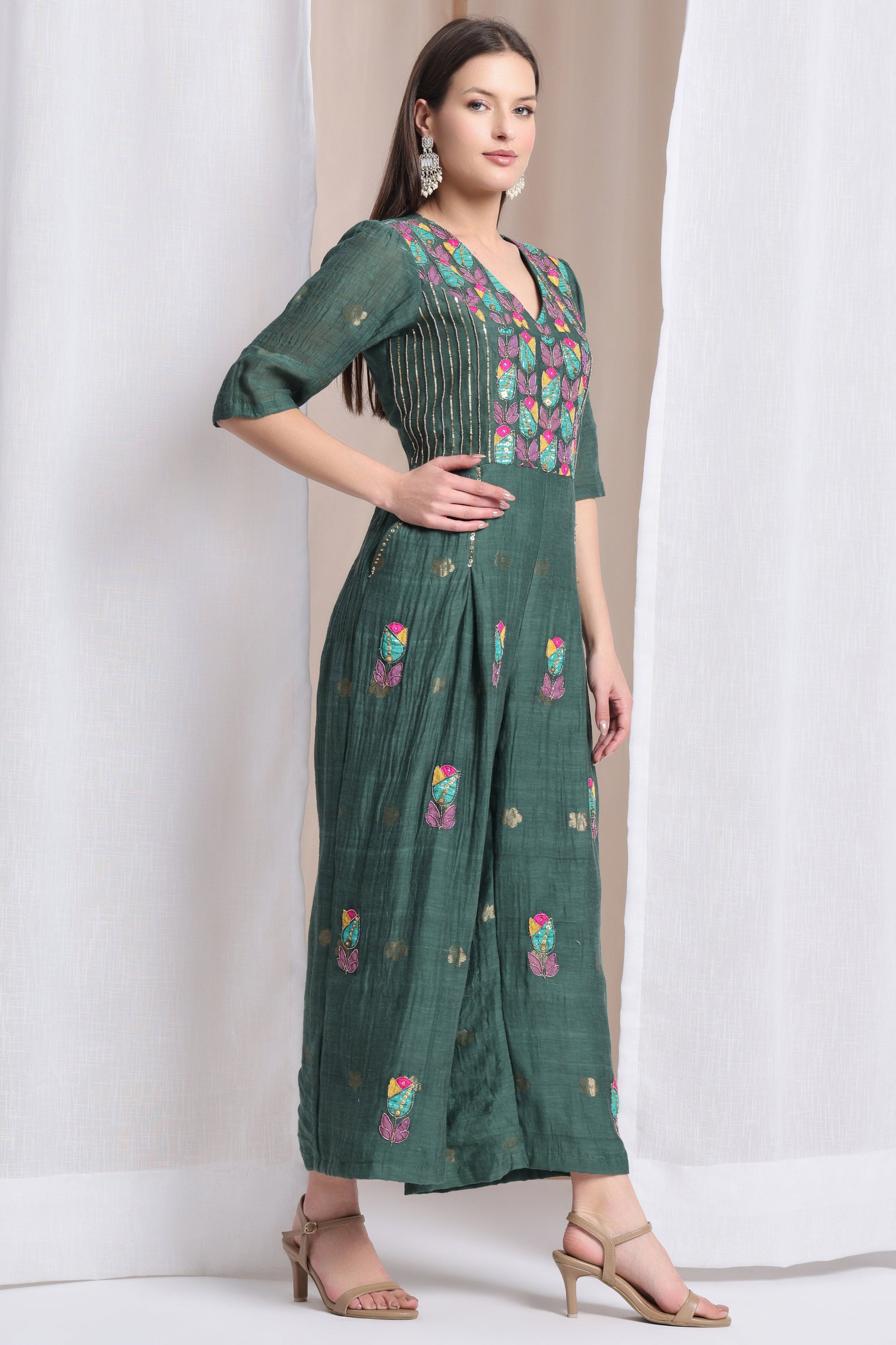 Women Zardozi Jumpsuit - Emerald Green