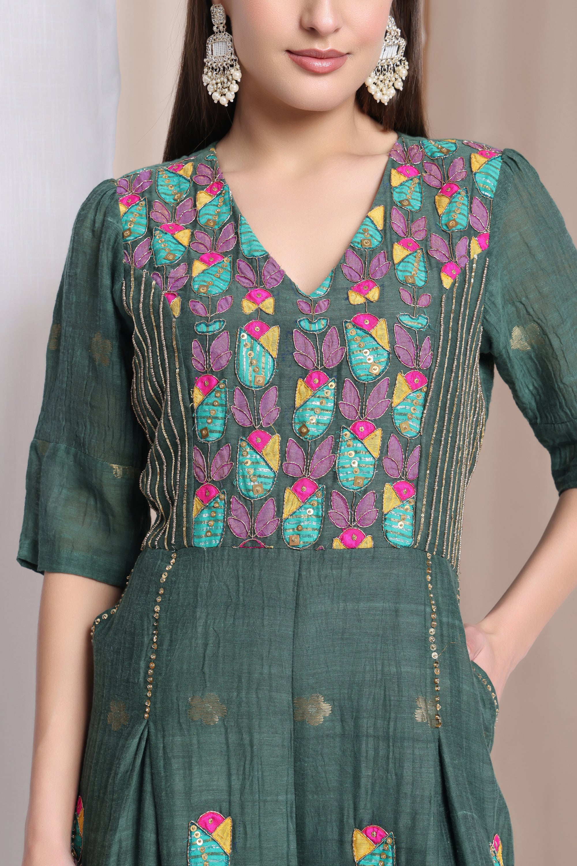 Women Zardozi Jumpsuit - Emerald Green