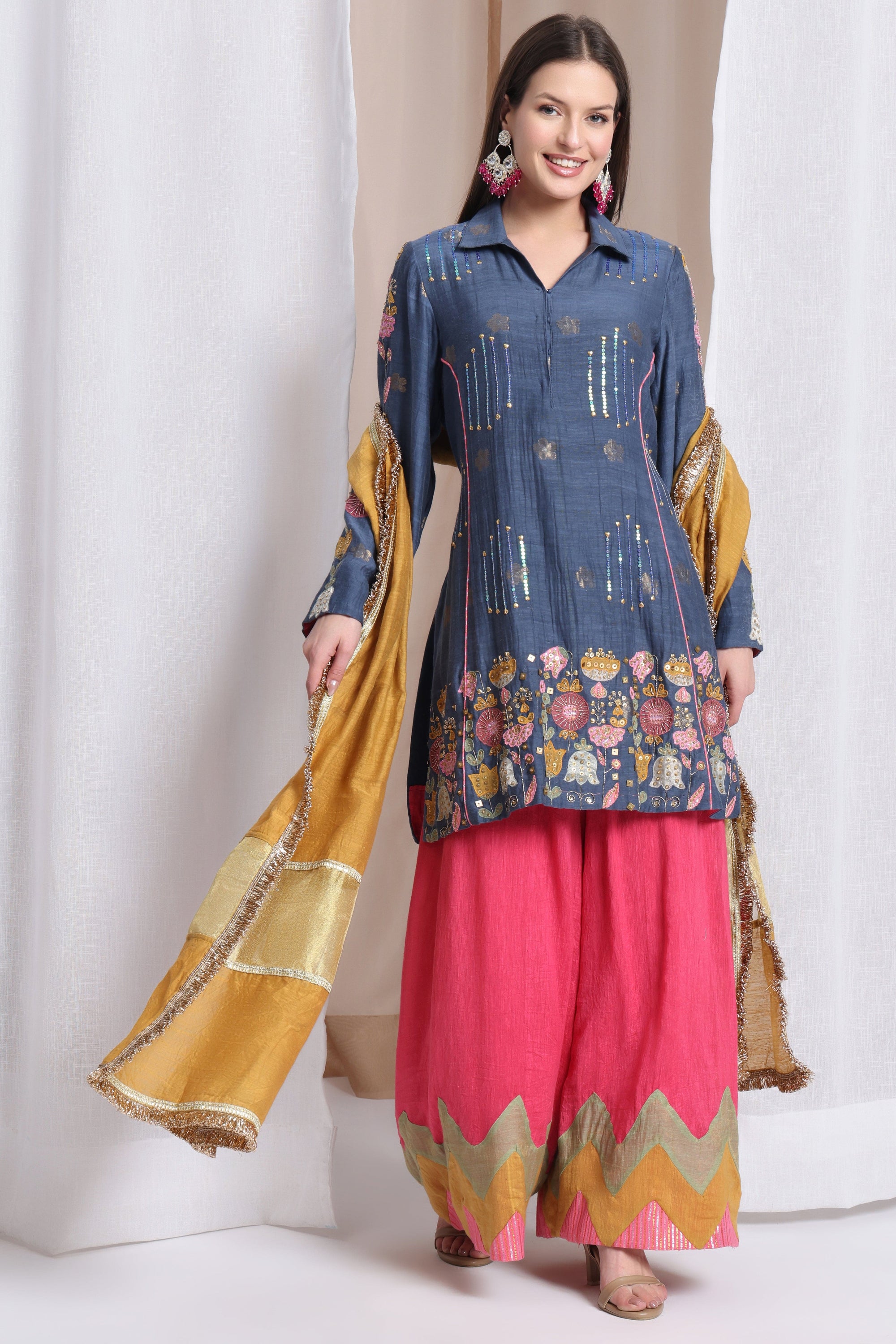Women Zardozi Work sharara set of 3 - Blue