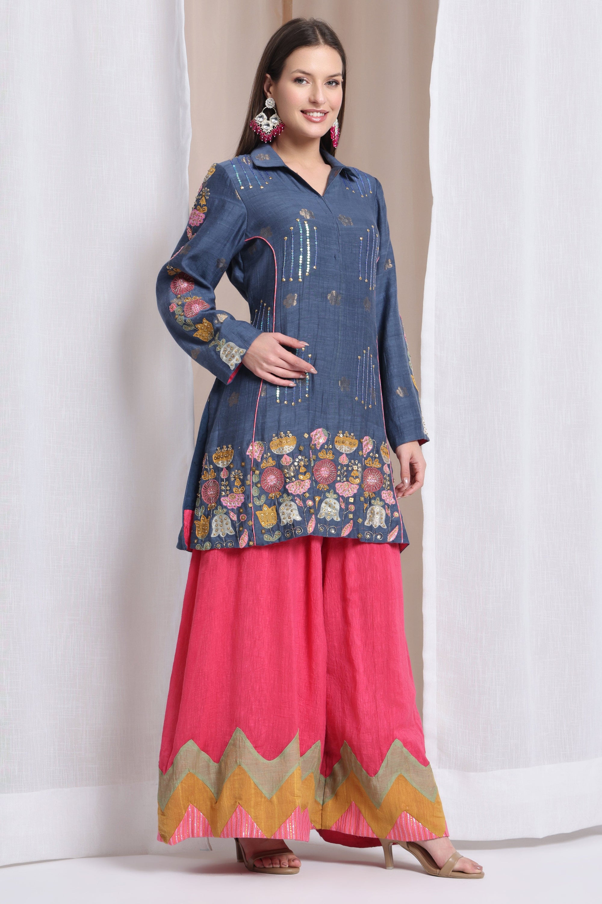 Women Zardozi Work sharara set of 3 - Blue