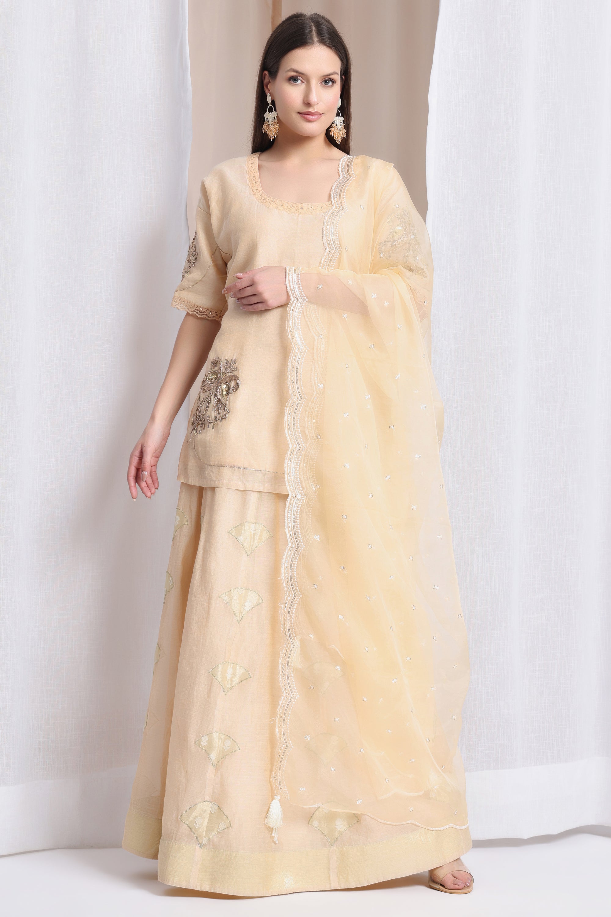 Women Zradozi Work Lahnga Kurta Set - Off-White