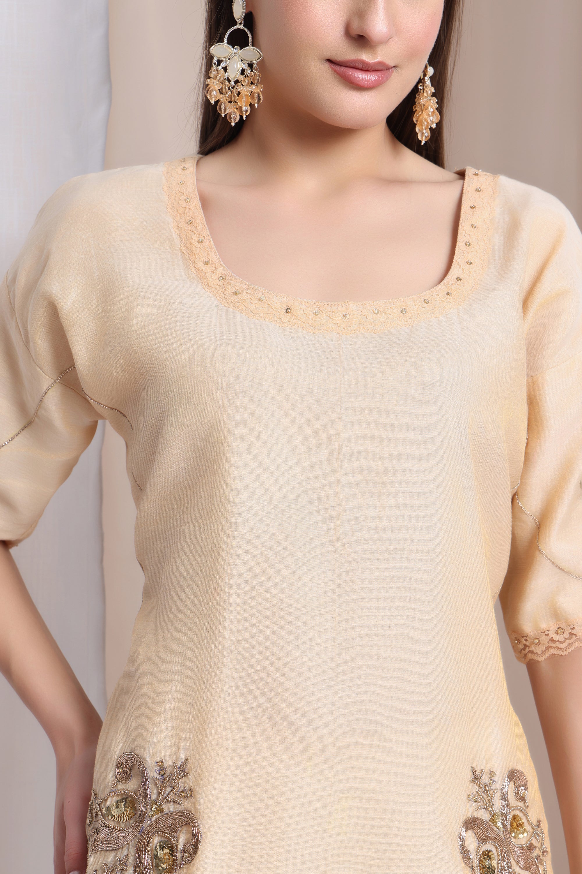 Women Zradozi Work Lahnga Kurta Set - Off-White