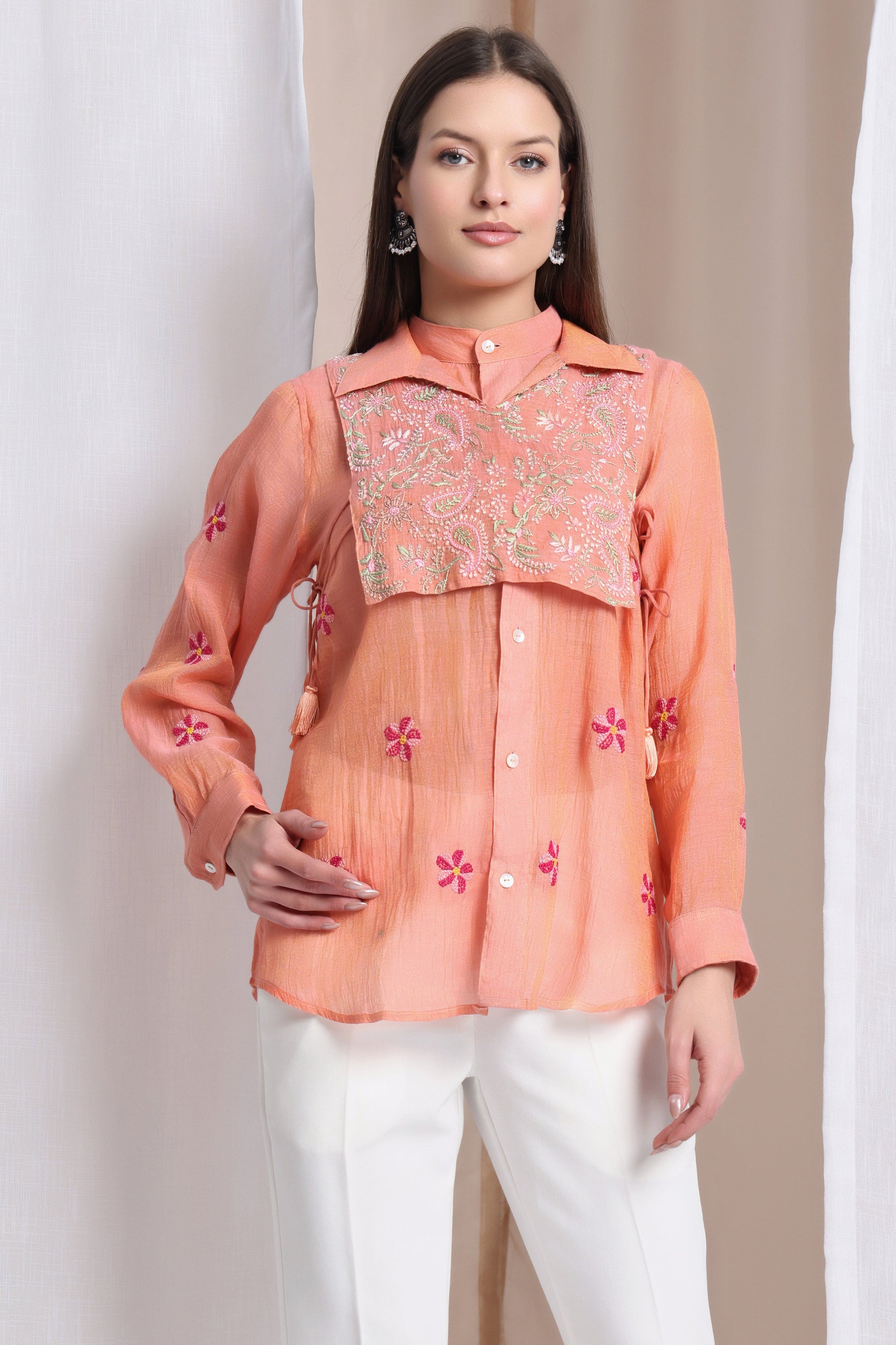 Women Chikankari Shirt - Peach