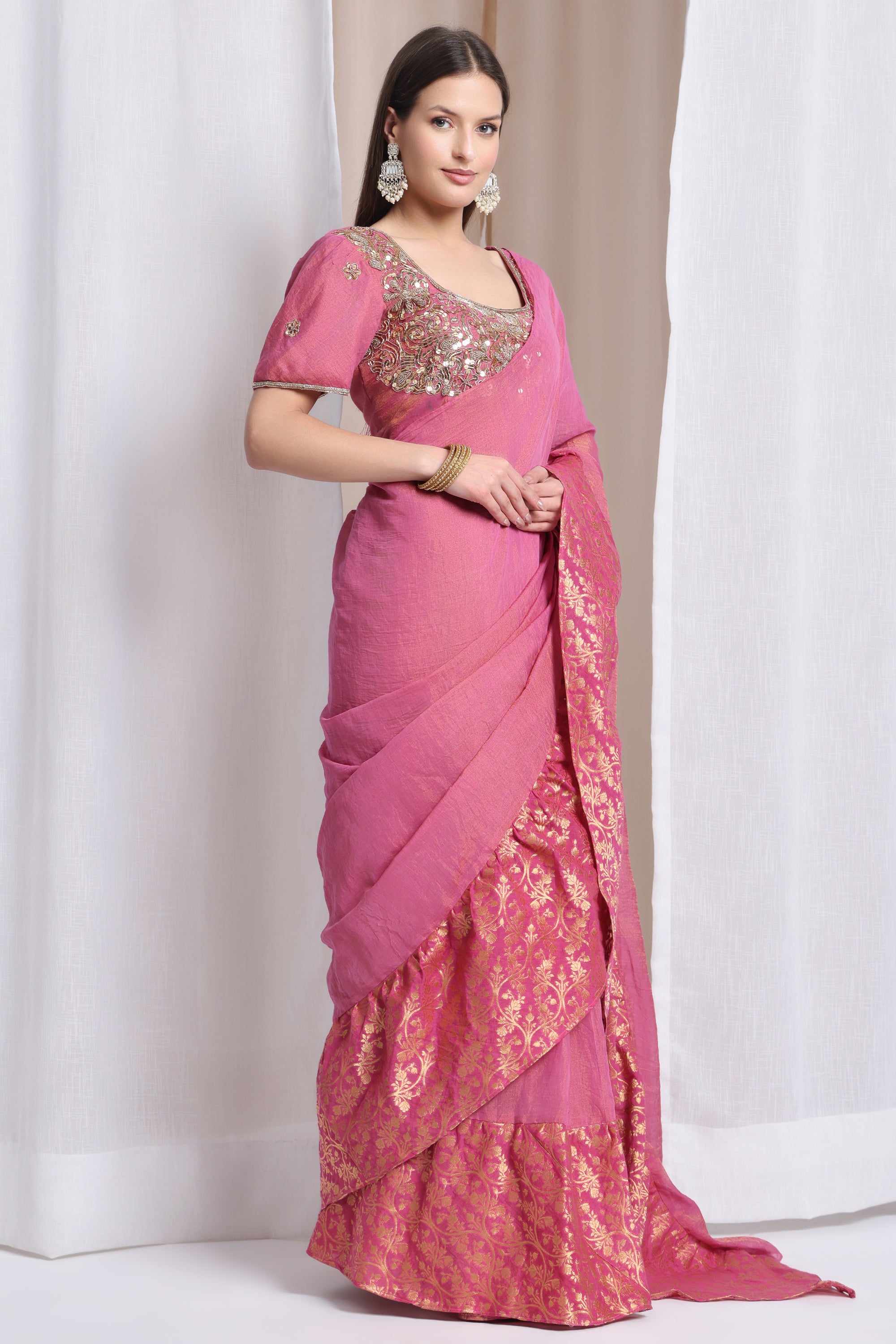 Zardozi Ruffle Saree - Pink