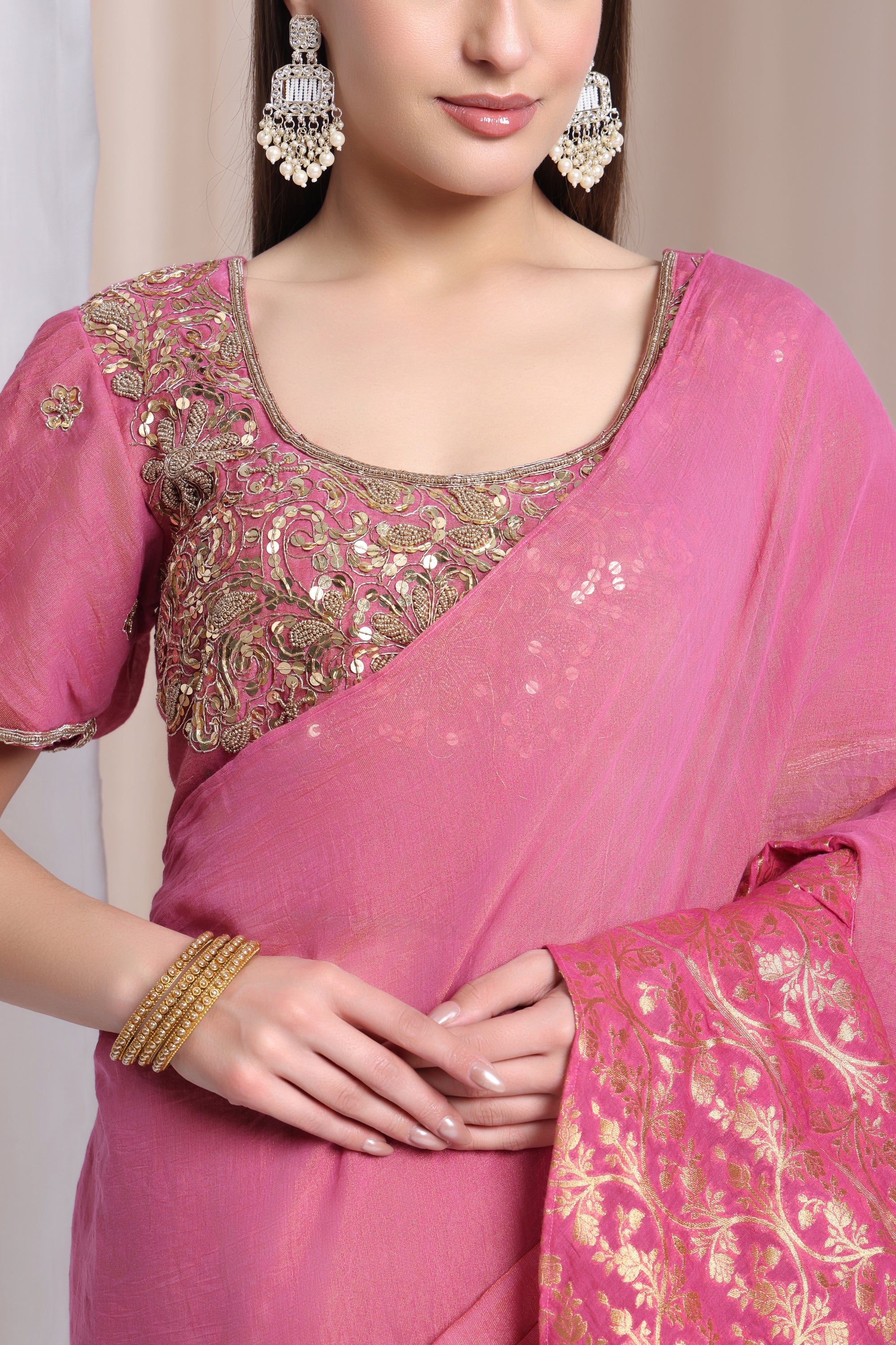 Zardozi Ruffle Saree - Pink
