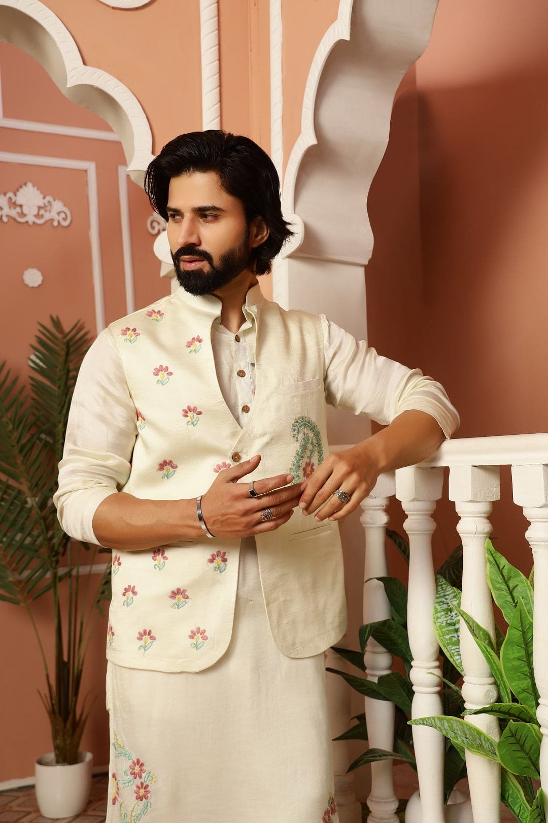 Men Chikankari Kurta With Jacket - Cream