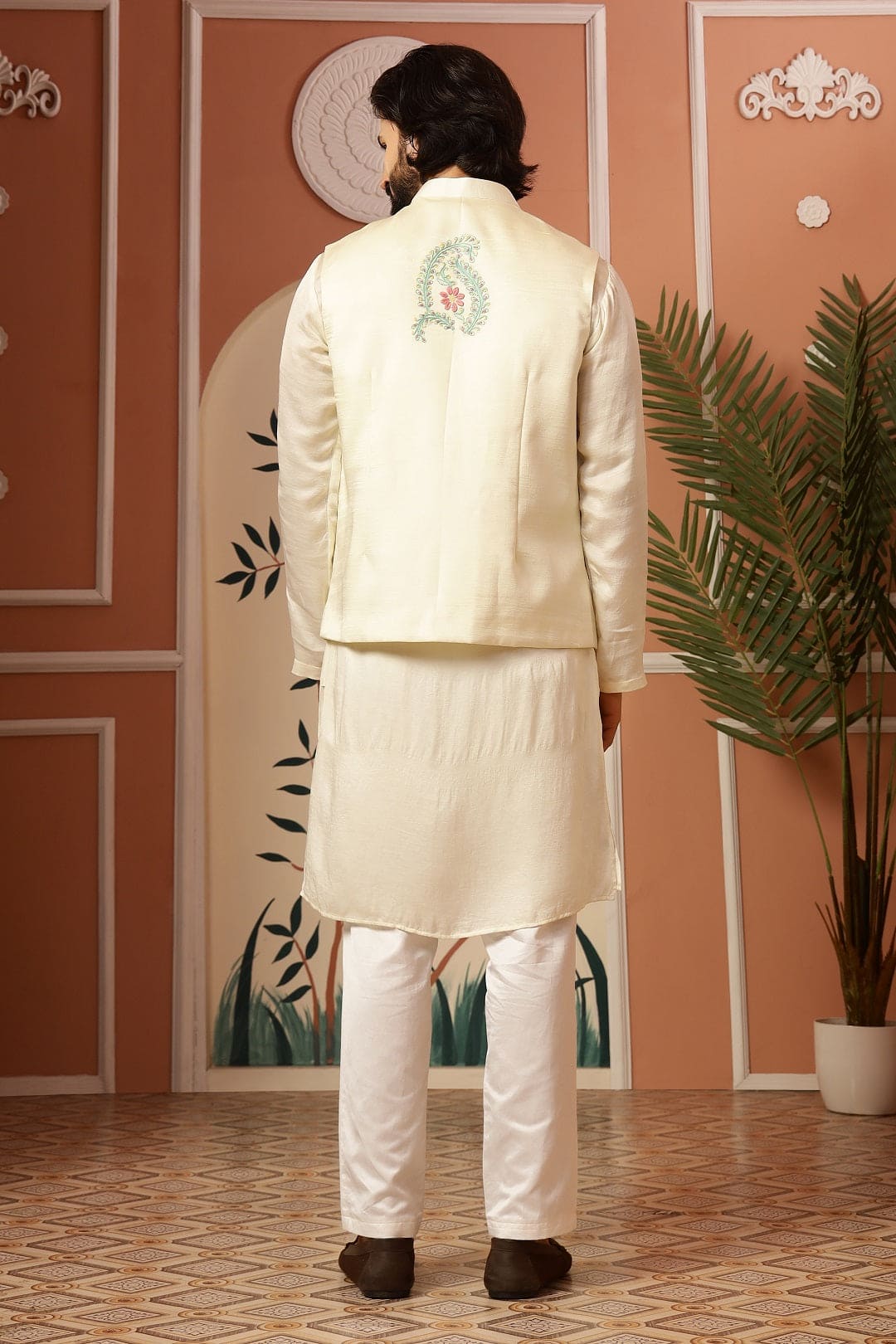 Men Chikankari Kurta With Jacket - Cream