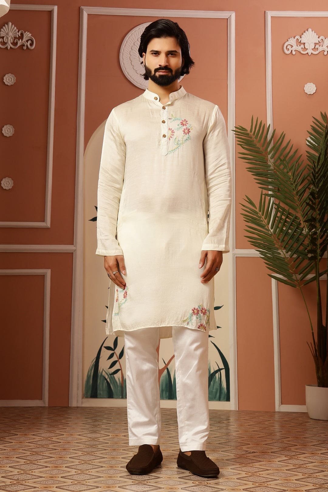 Men Chikankari Kurta With Jacket - Cream