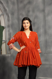 Jamdani Women Top - Rust