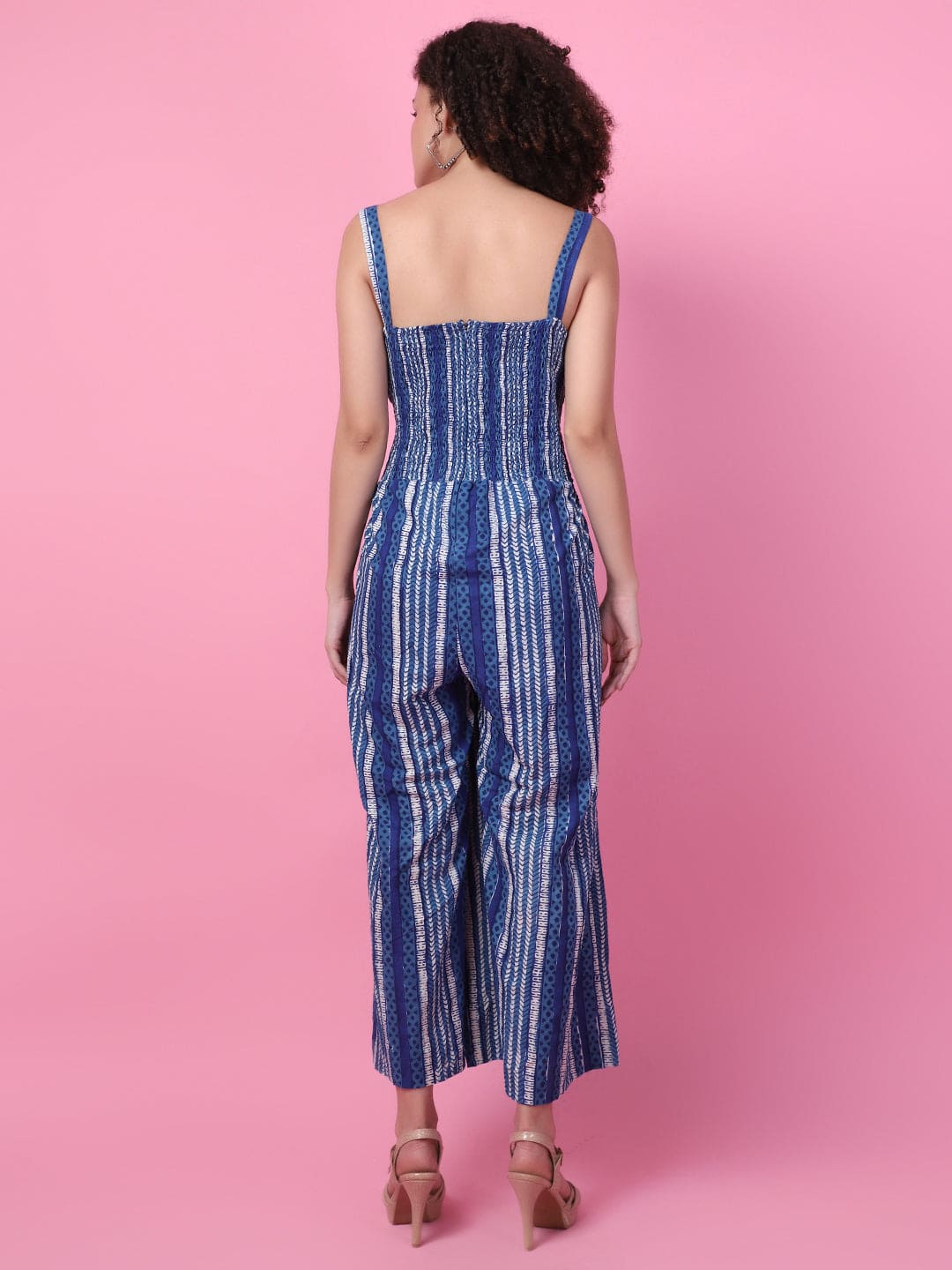 Block printed Floral applique work Jumpsuit - Indigo