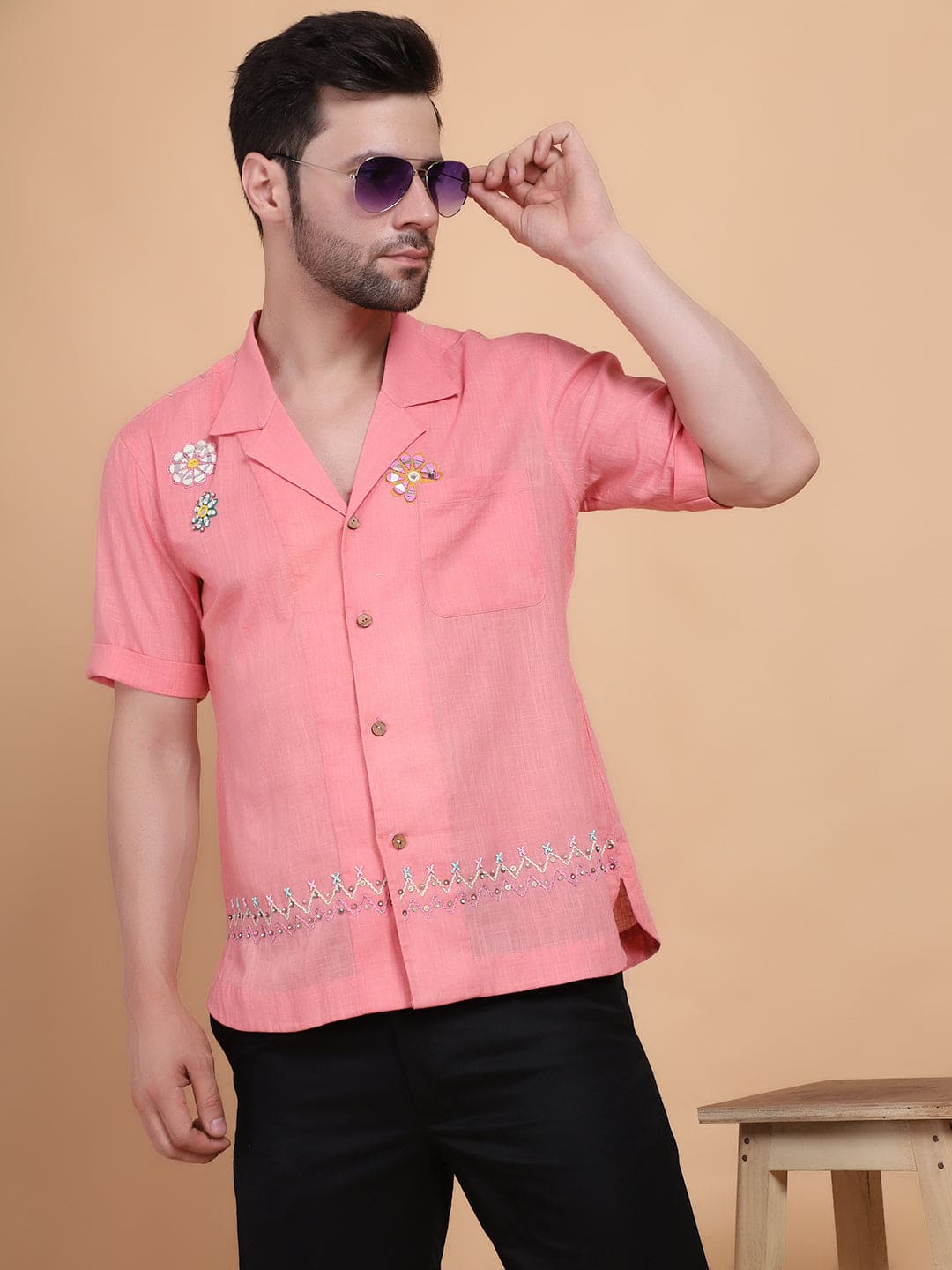 Mirror Work Men Shirt - Pink