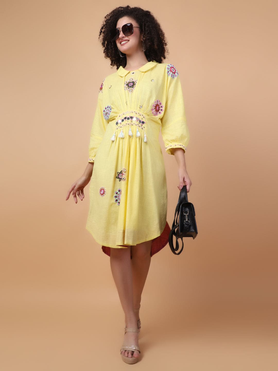Mirror Work Dress - Yellow