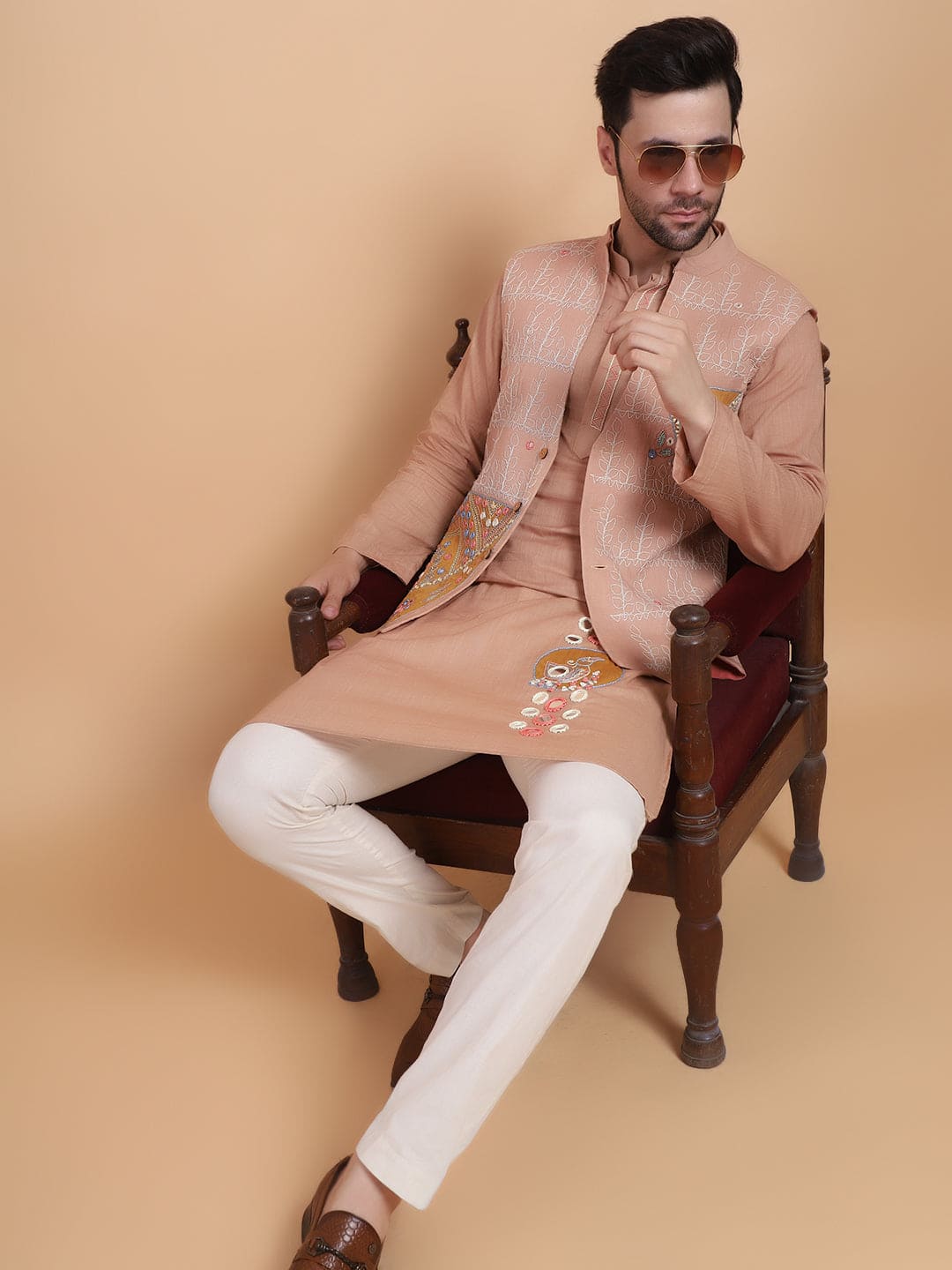Mirror Work Men Kurta Set - Beige