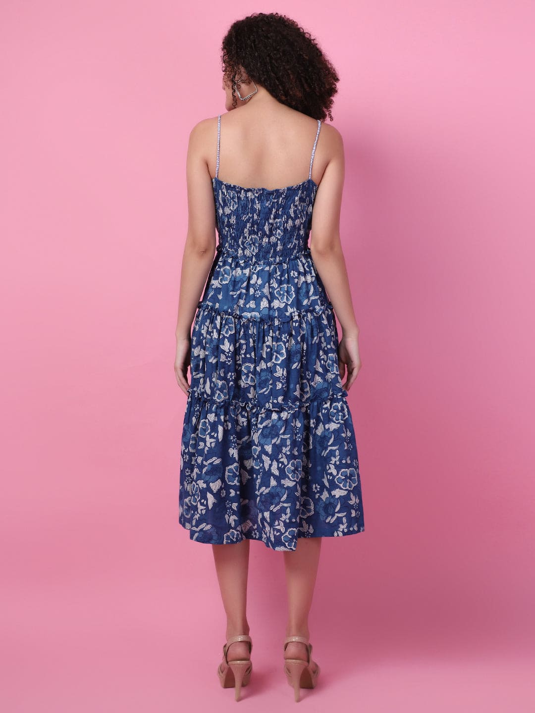Block printed Floral applique work Dress - Indigo