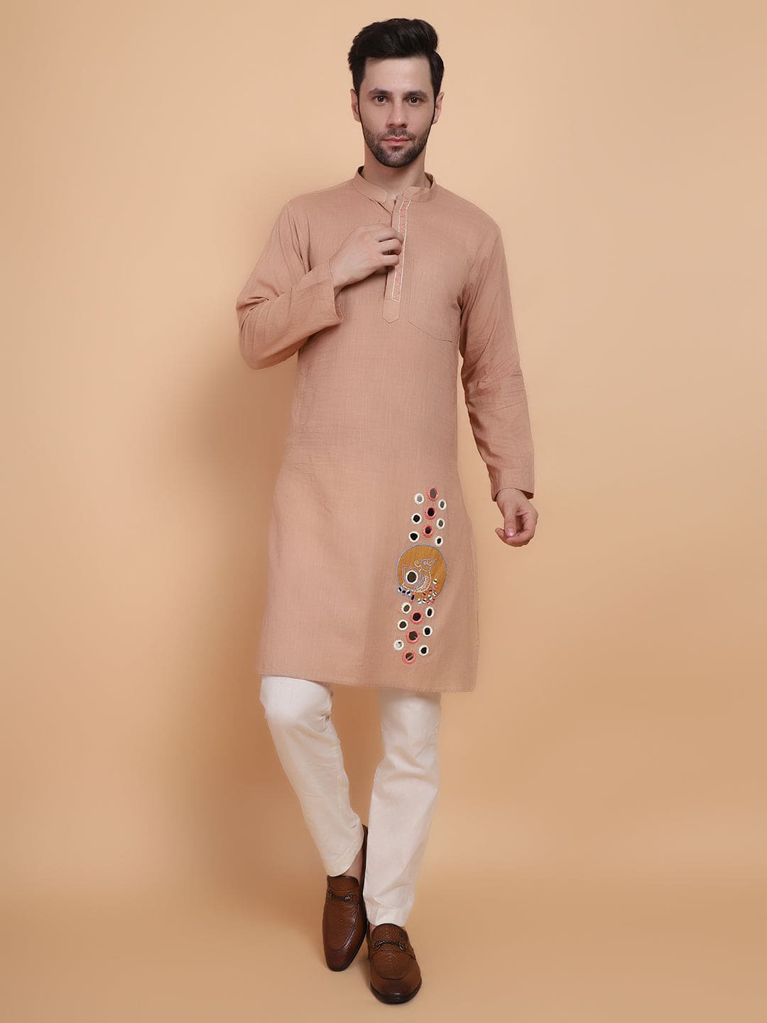Mirror Work Men Kurta Set - Beige