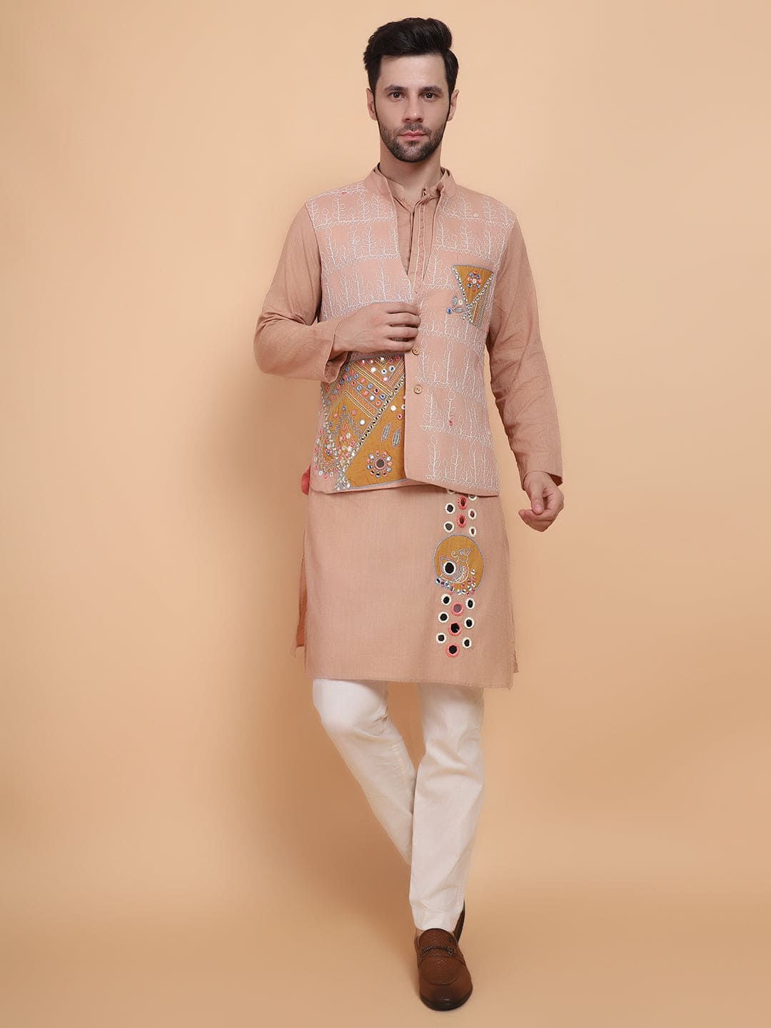 Mirror Work Men Kurta Set - Beige