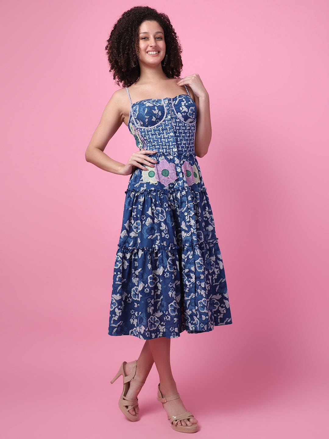 Block printed Floral applique work Dress - Indigo