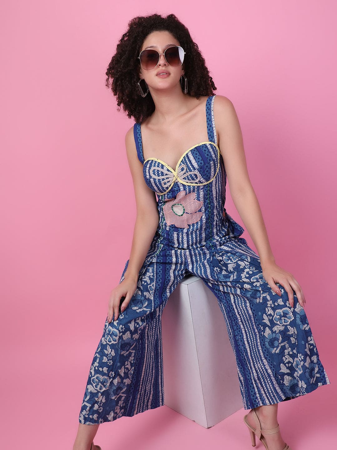 Block printed Floral applique work Jumpsuit - Indigo