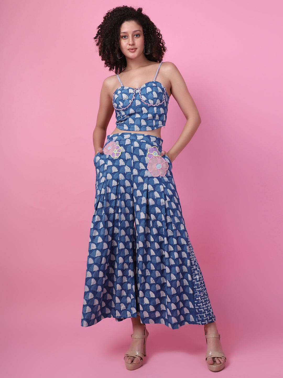 Block printed floral Patch Work co-ord set - Indigo