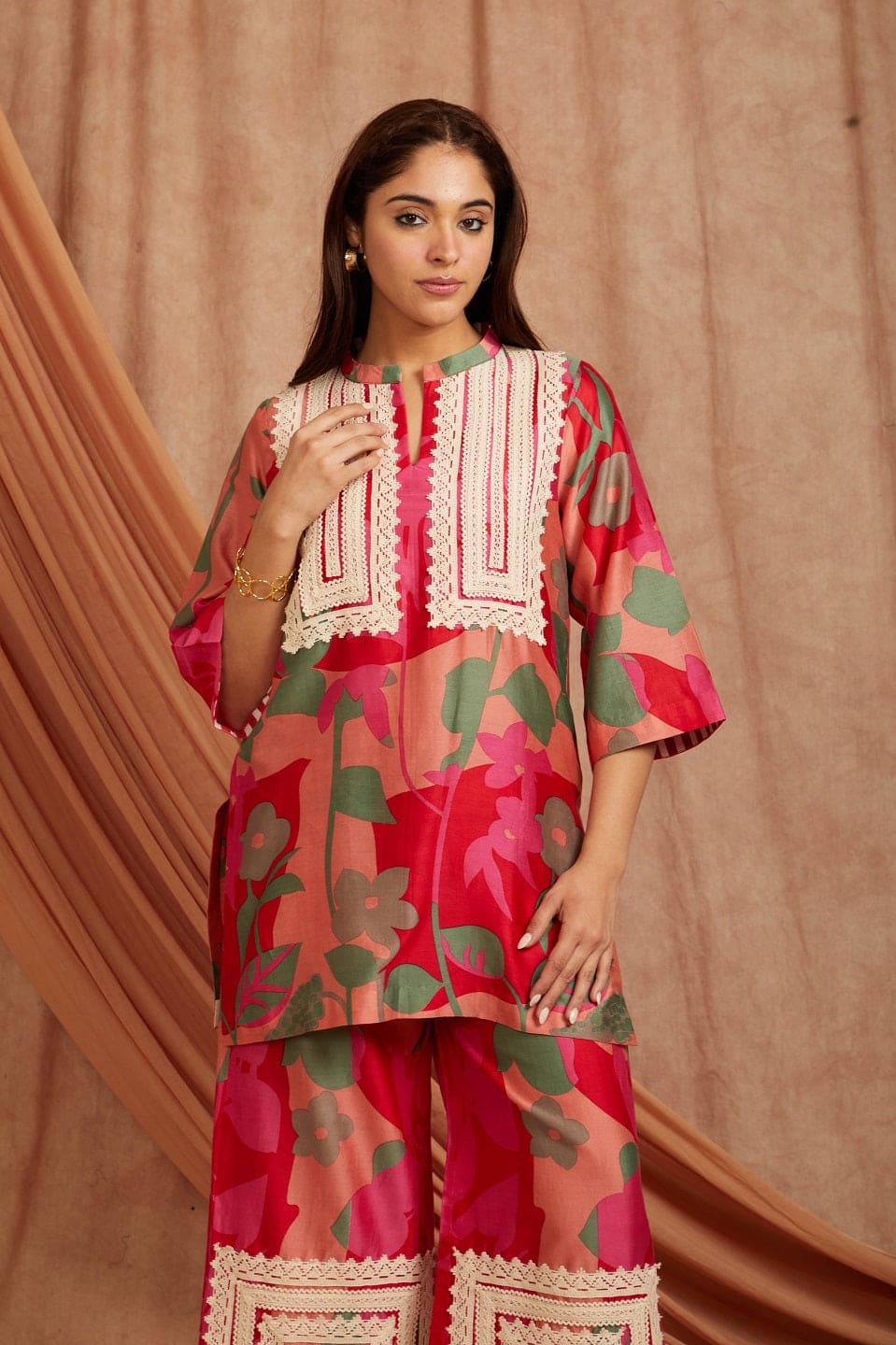 Red , Magenta ,Salmon & Olive Short Kurta Set