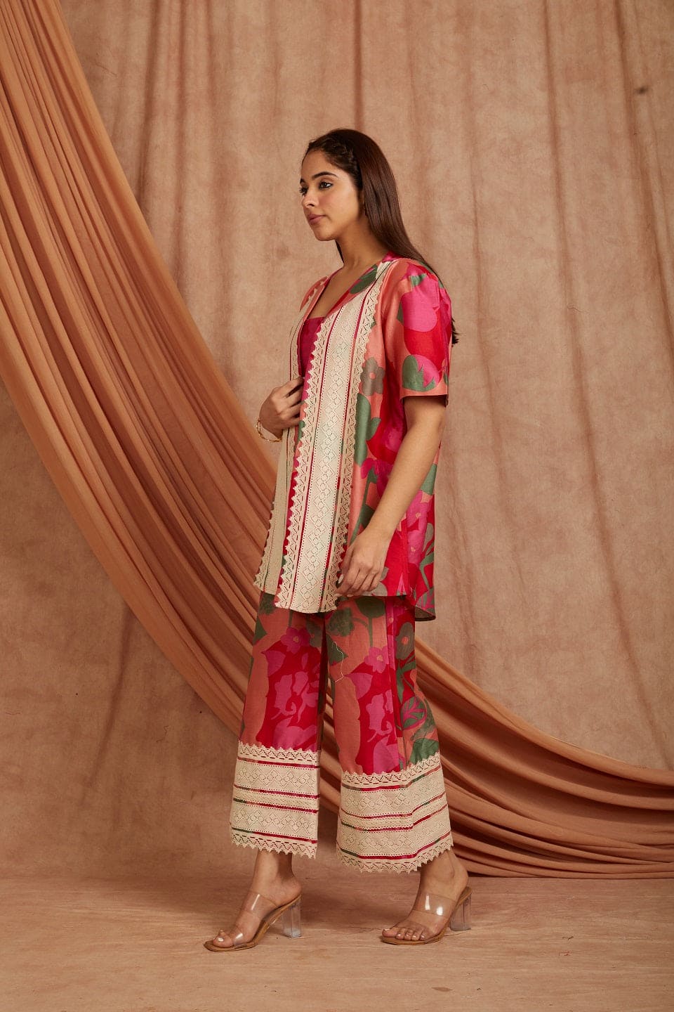 Multicolor Jacket & Bralet Top With Flared Pant Set