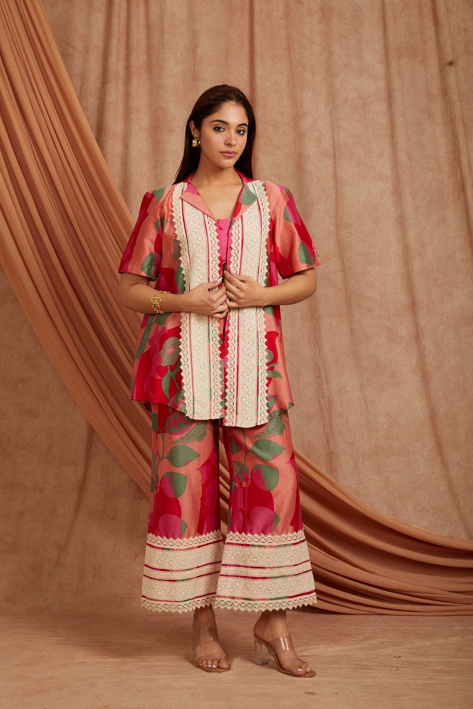 Multicolor Jacket & Bralet Top With Flared Pant Set