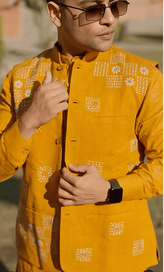 Kantha Cotton Men Kurta Set - Yellow