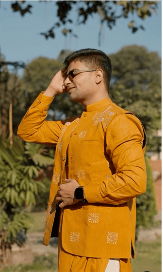Kantha Cotton Men Kurta Set - Yellow