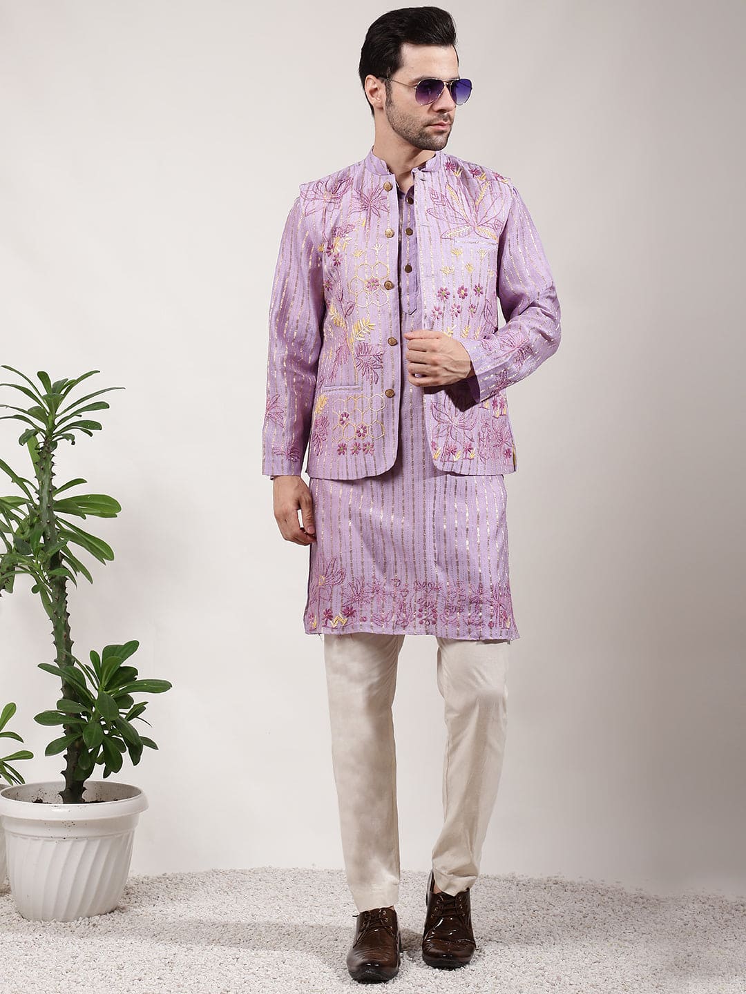 ChikanKari Silk Kurta Set - Light Purple