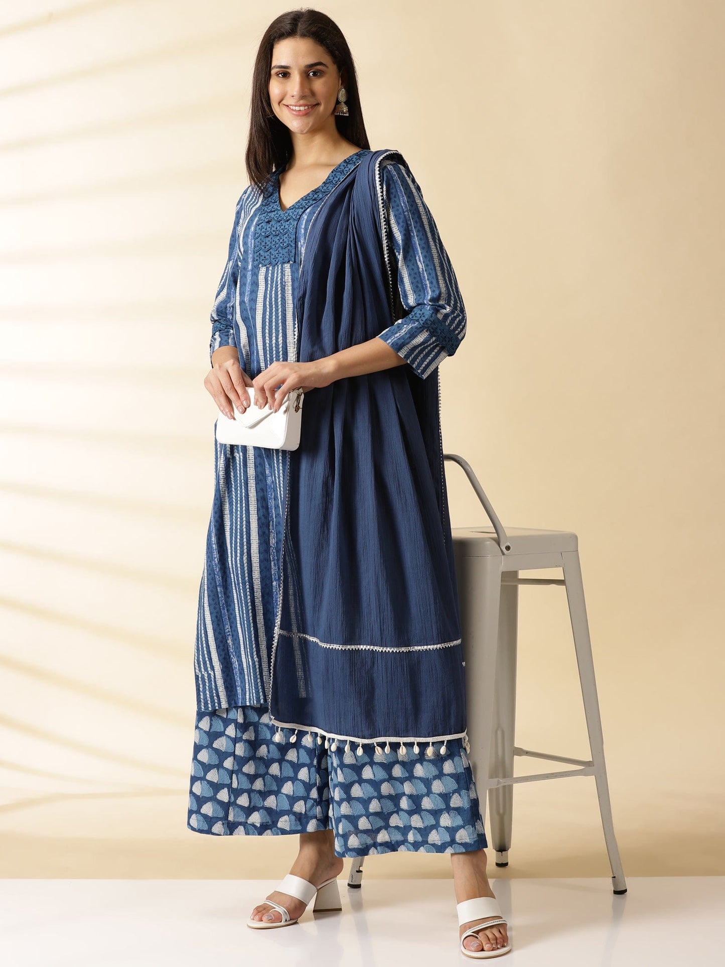 Indigo Block printed Kurta Set