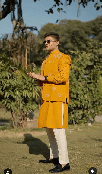 Kantha Cotton Men Kurta Set - Yellow