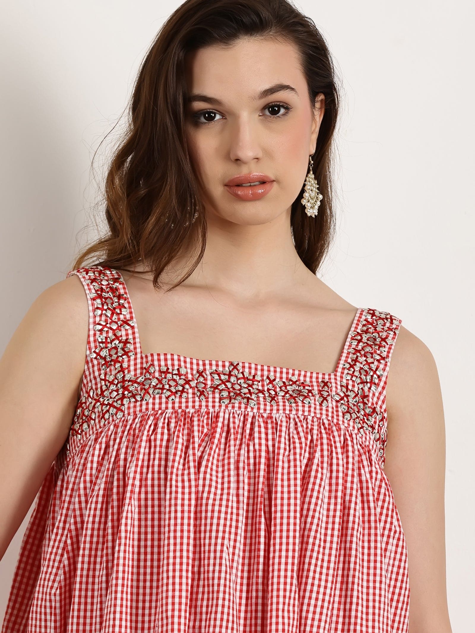 Women Gotta Work Checks Top Set - Peach