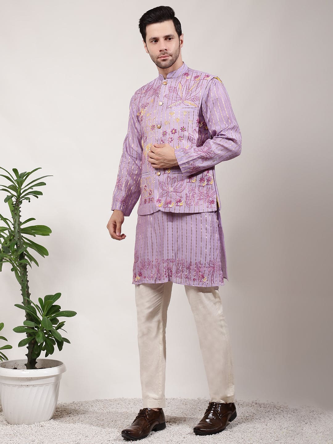 ChikanKari Silk Kurta Set - Light Purple