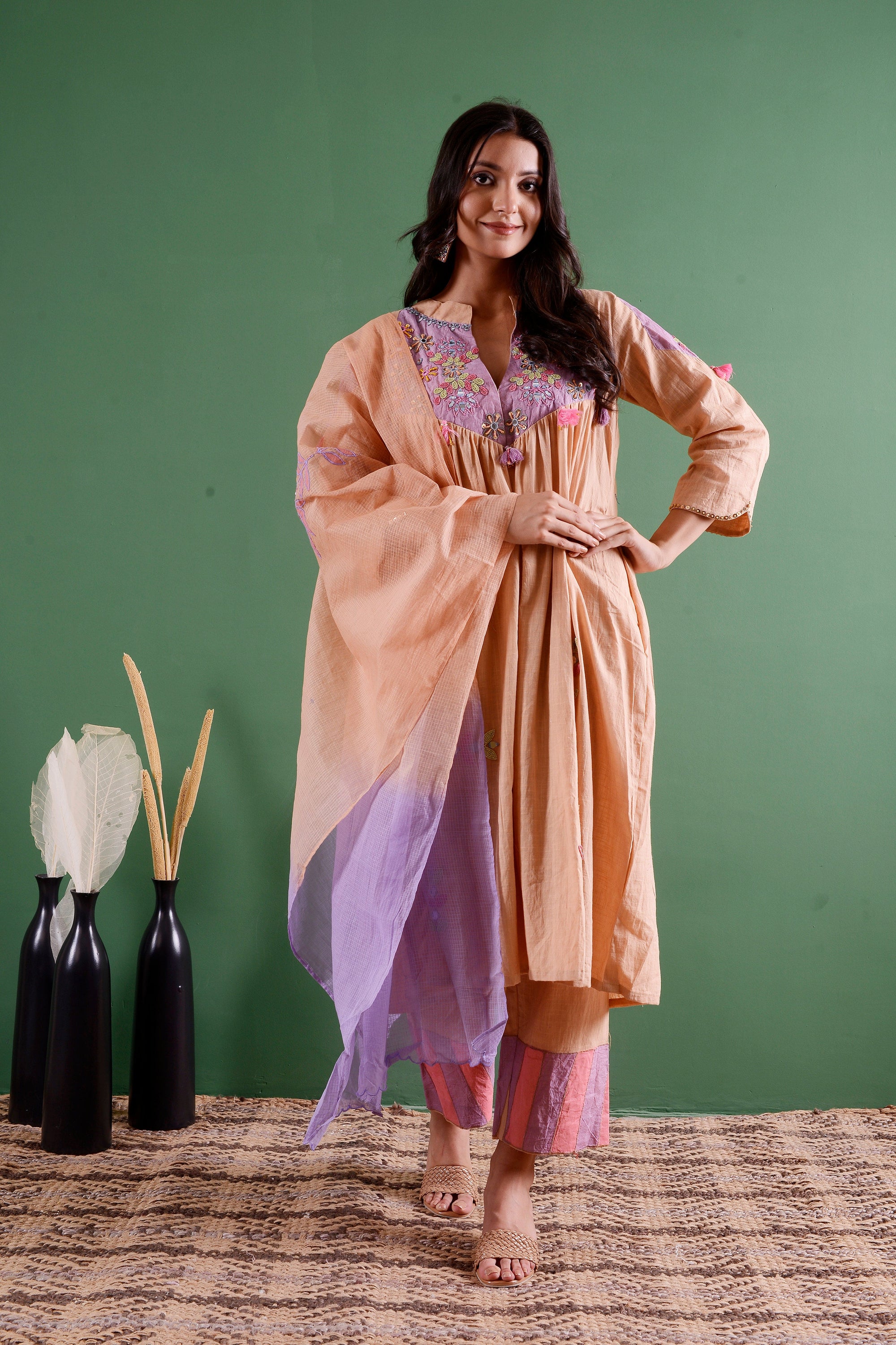 Mirror Work Kurta Set - Beige