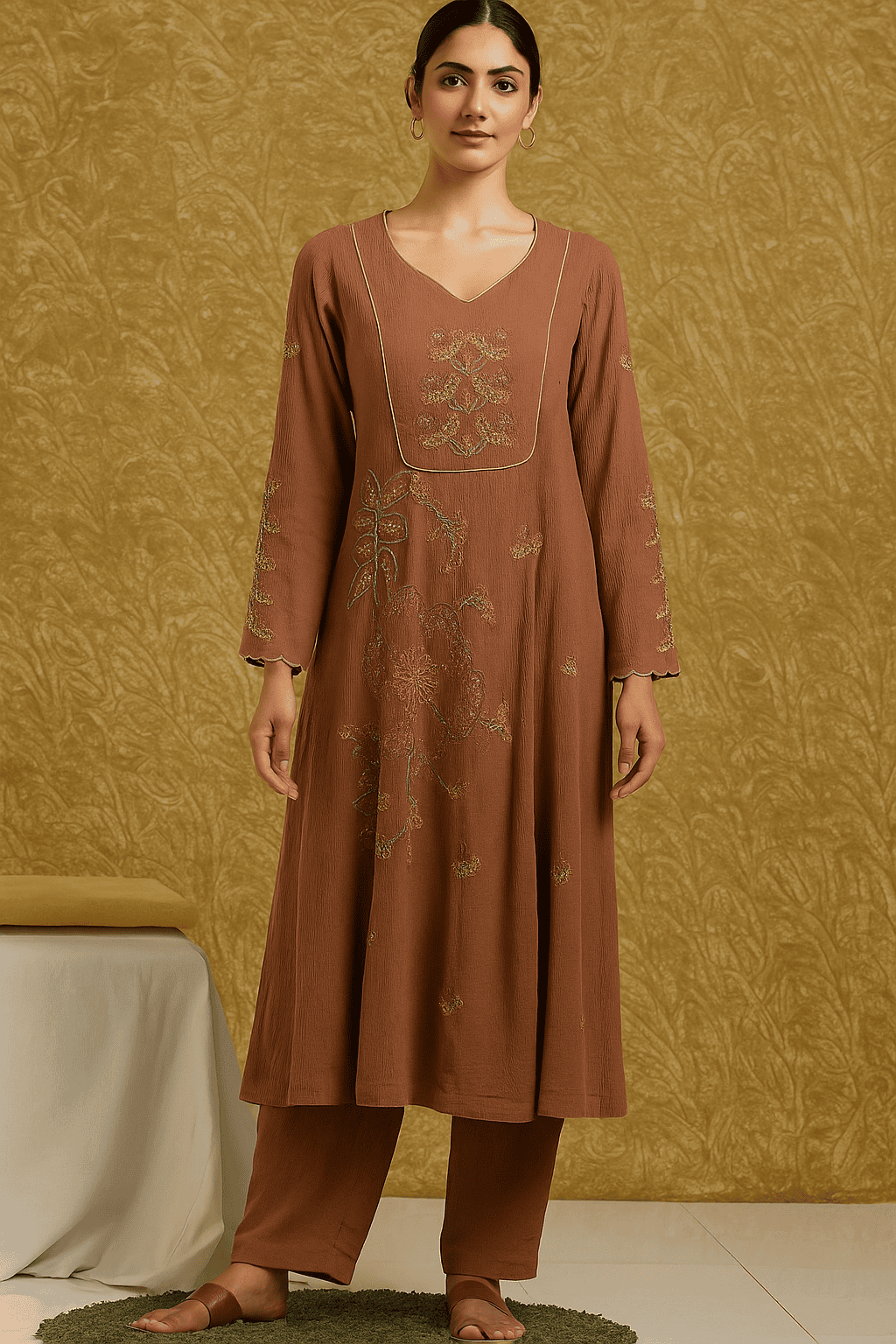 Women Chikankari Kurta Set - Rust Brown