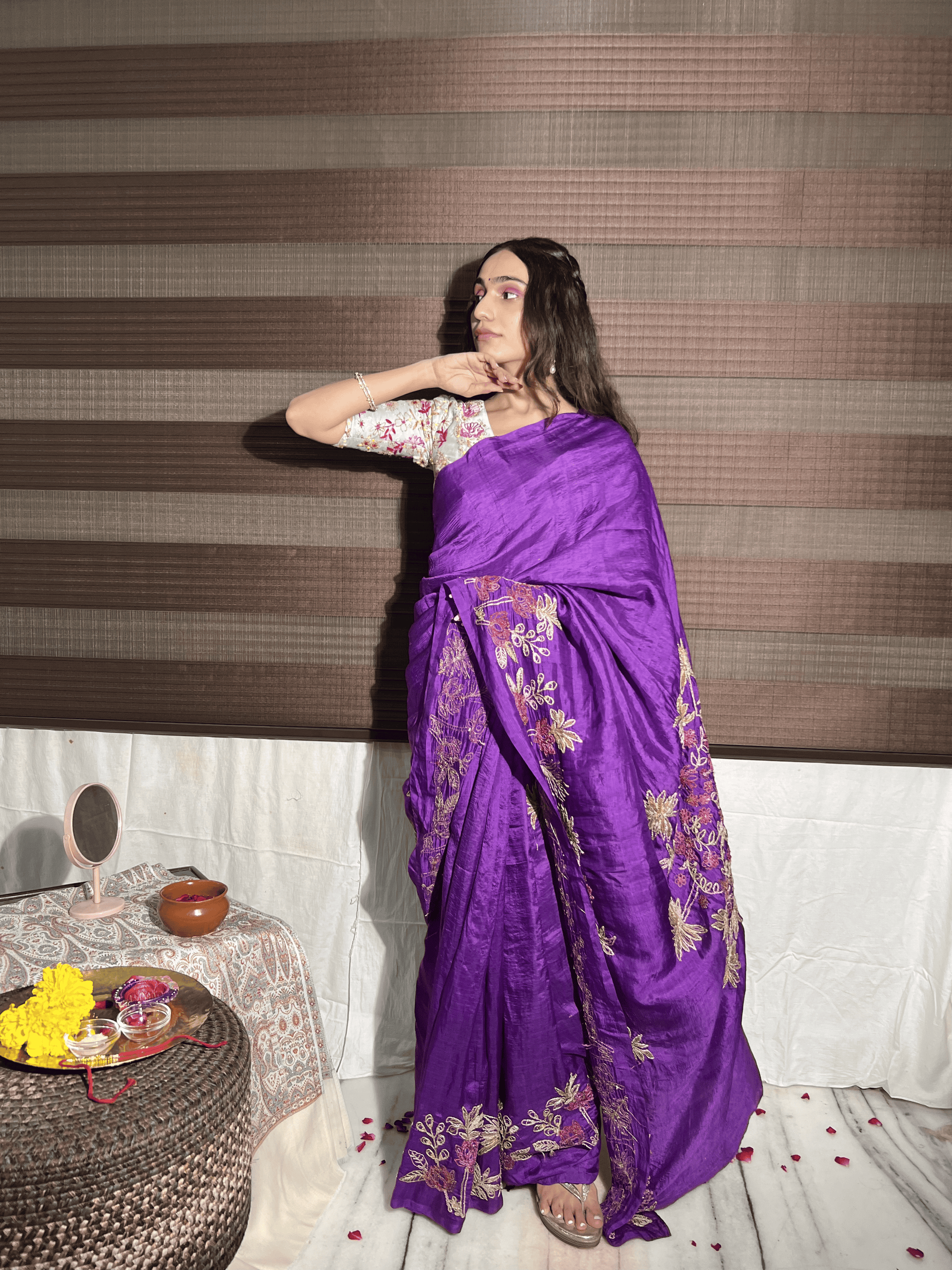 Aari Zardozi Work Women Saree - Purple