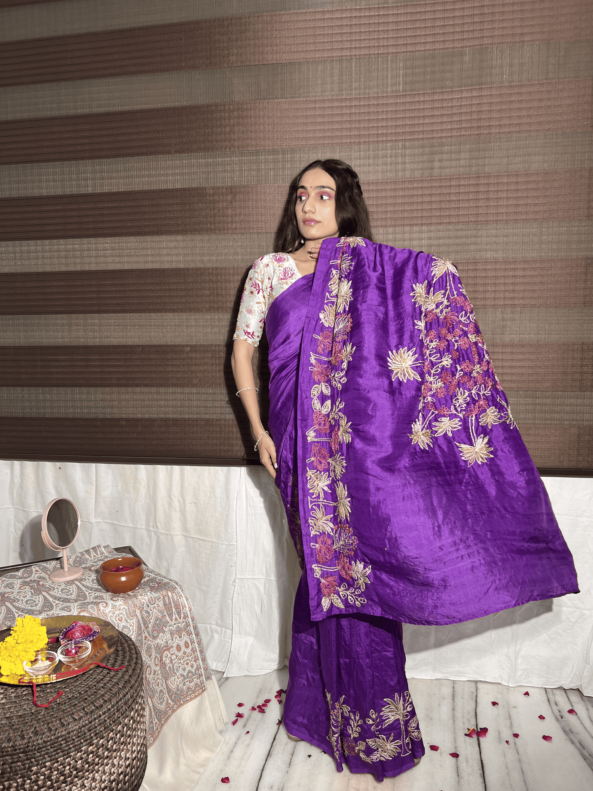 Aari Zardozi Work Women Saree - Purple