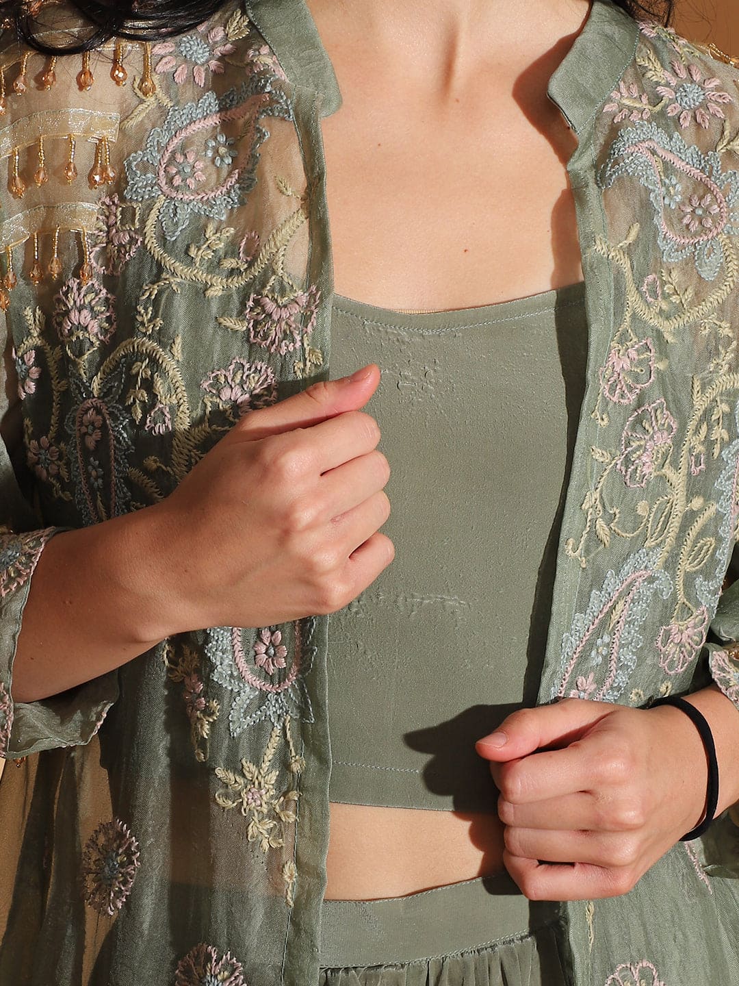 Embroidered Co-ord Set with Long Shrug - Dusty Green