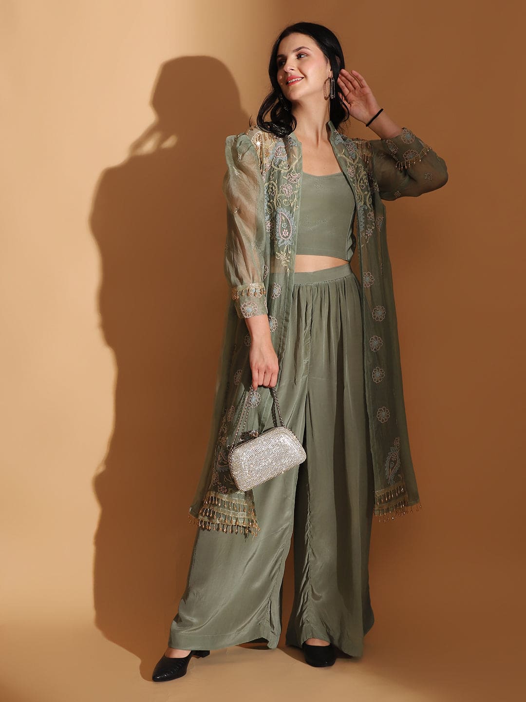 Embroidered Co-ord Set with Long Shrug - Dusty Green