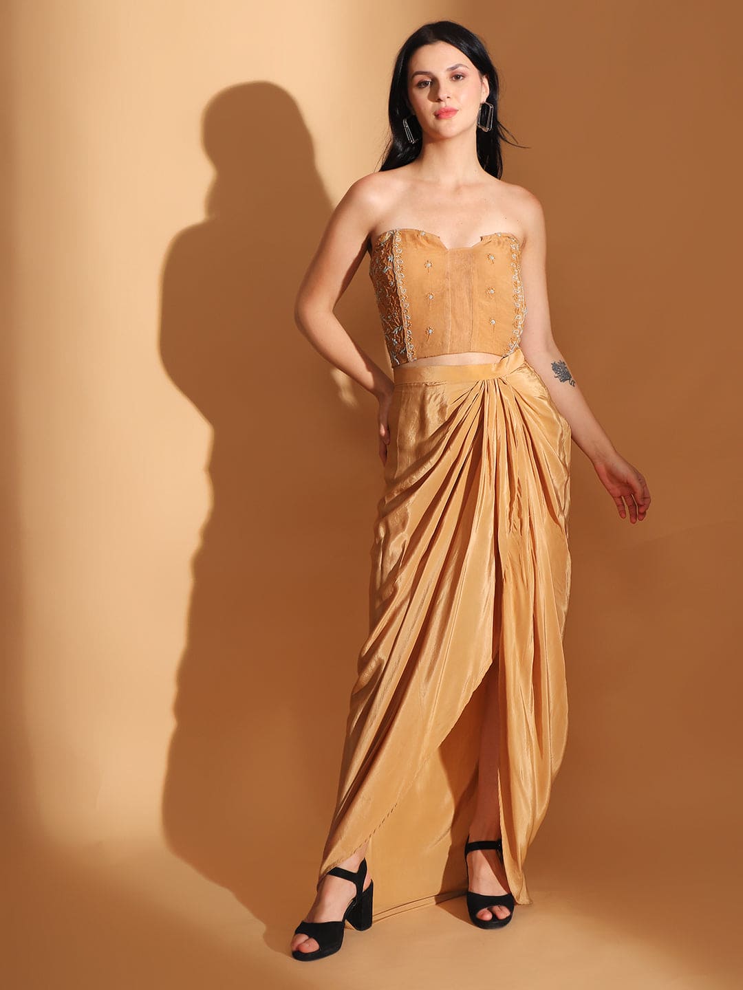 Chikan Co-ord set with Long Shrug - Pastel Orange
