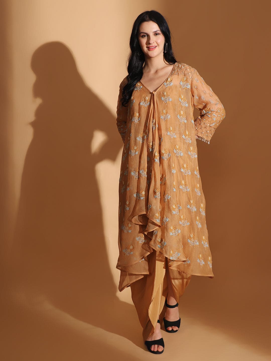 Chikan Co-ord set with Long Shrug - Pastel Orange