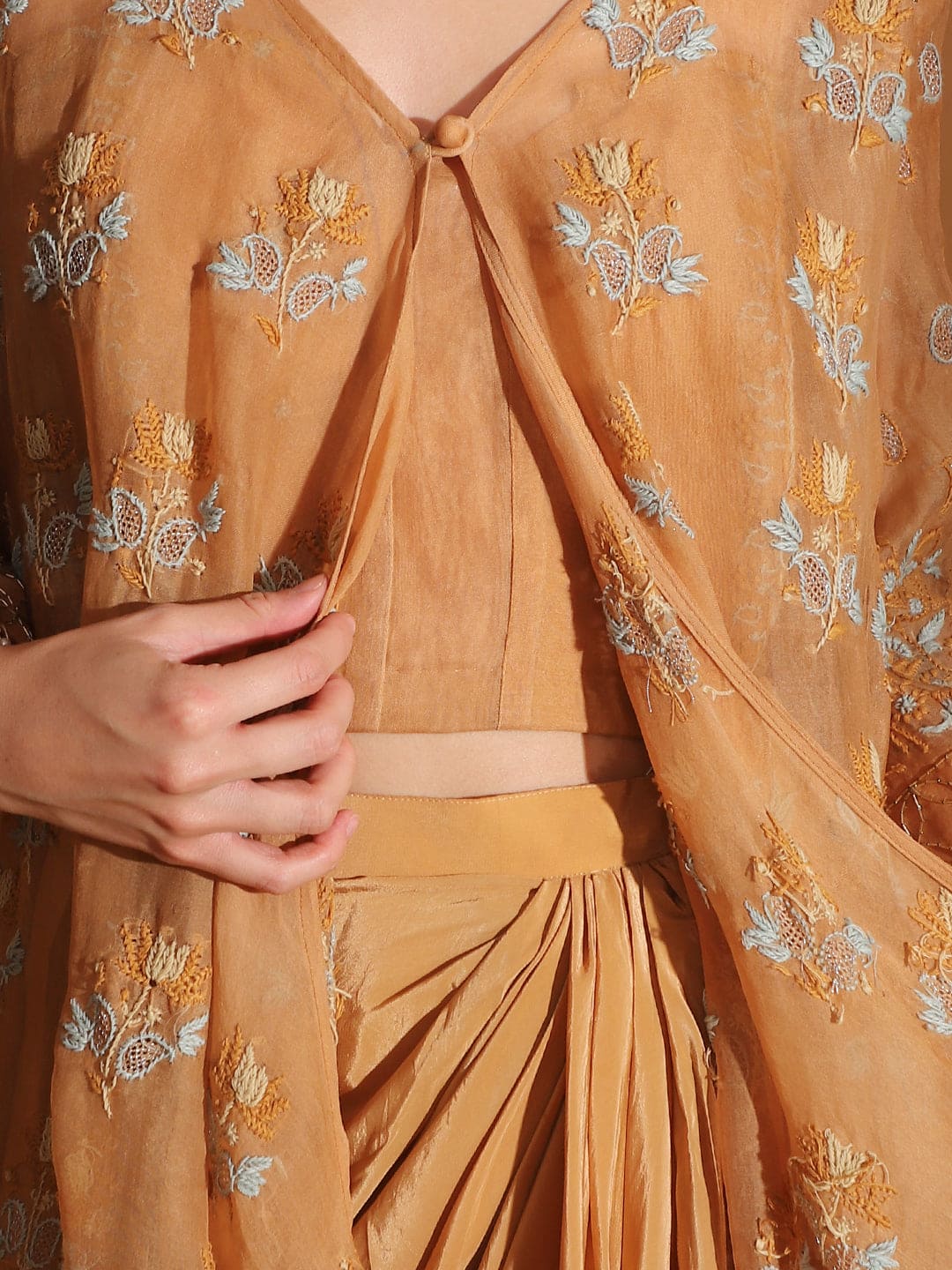 Chikan Co-ord set with Long Shrug - Pastel Orange