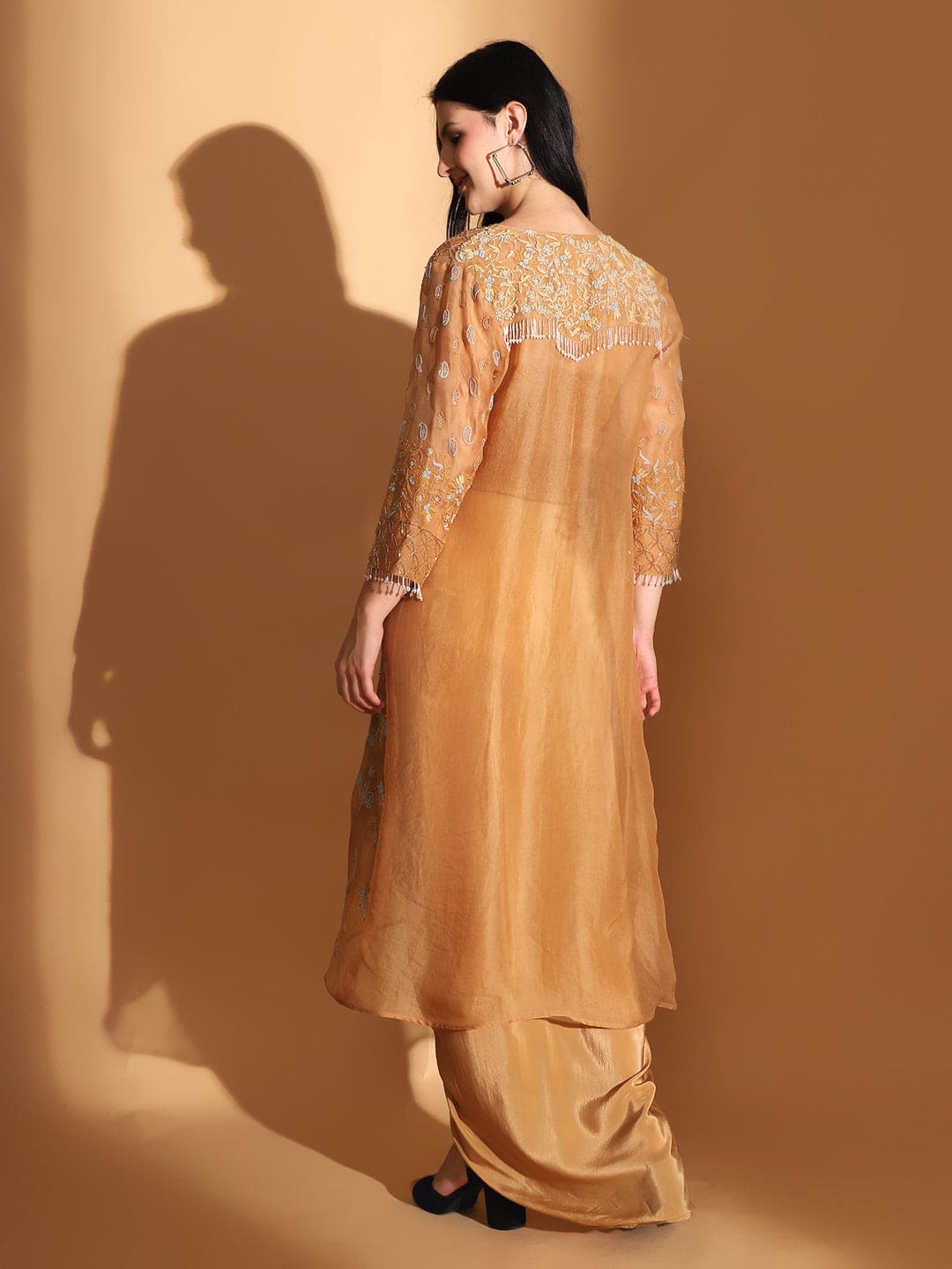 Chikan Co-ord set with Long Shrug - Pastel Orange