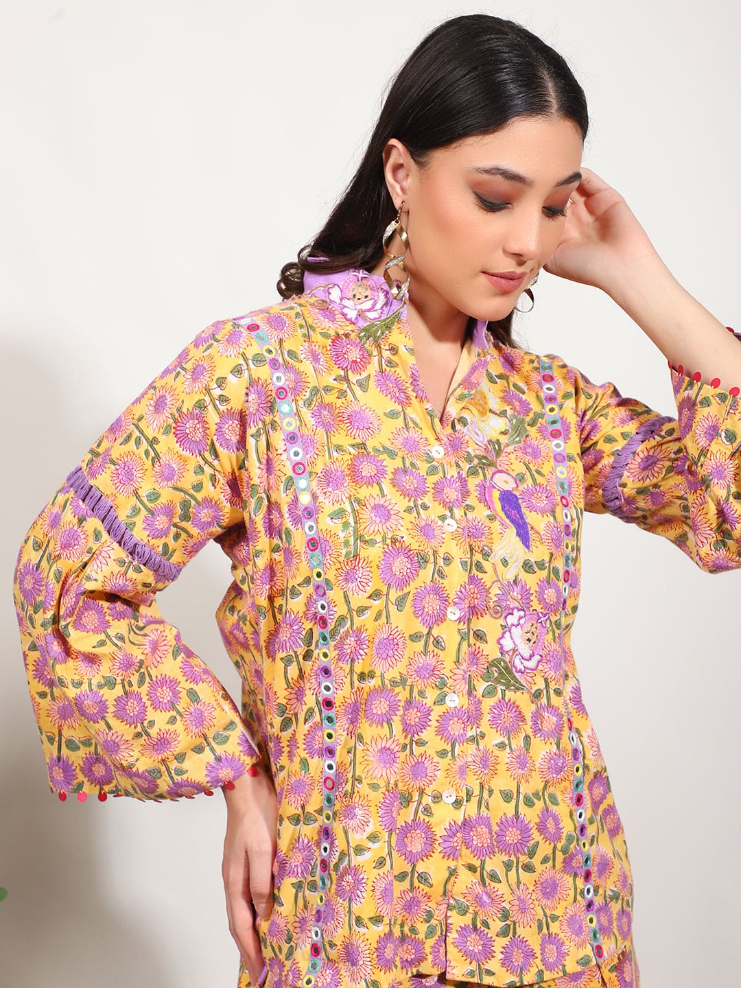 Embroidered Mirror Work Co-Ord Set - Yellow