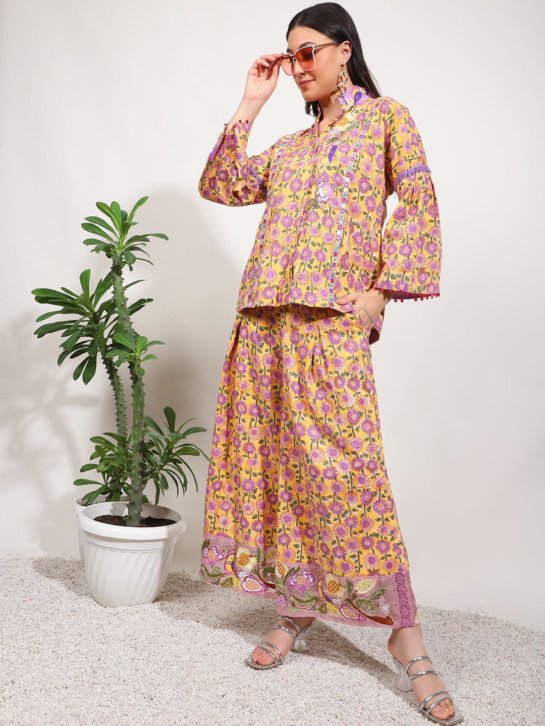 Embroidered Mirror Work Co-Ord Set - Yellow