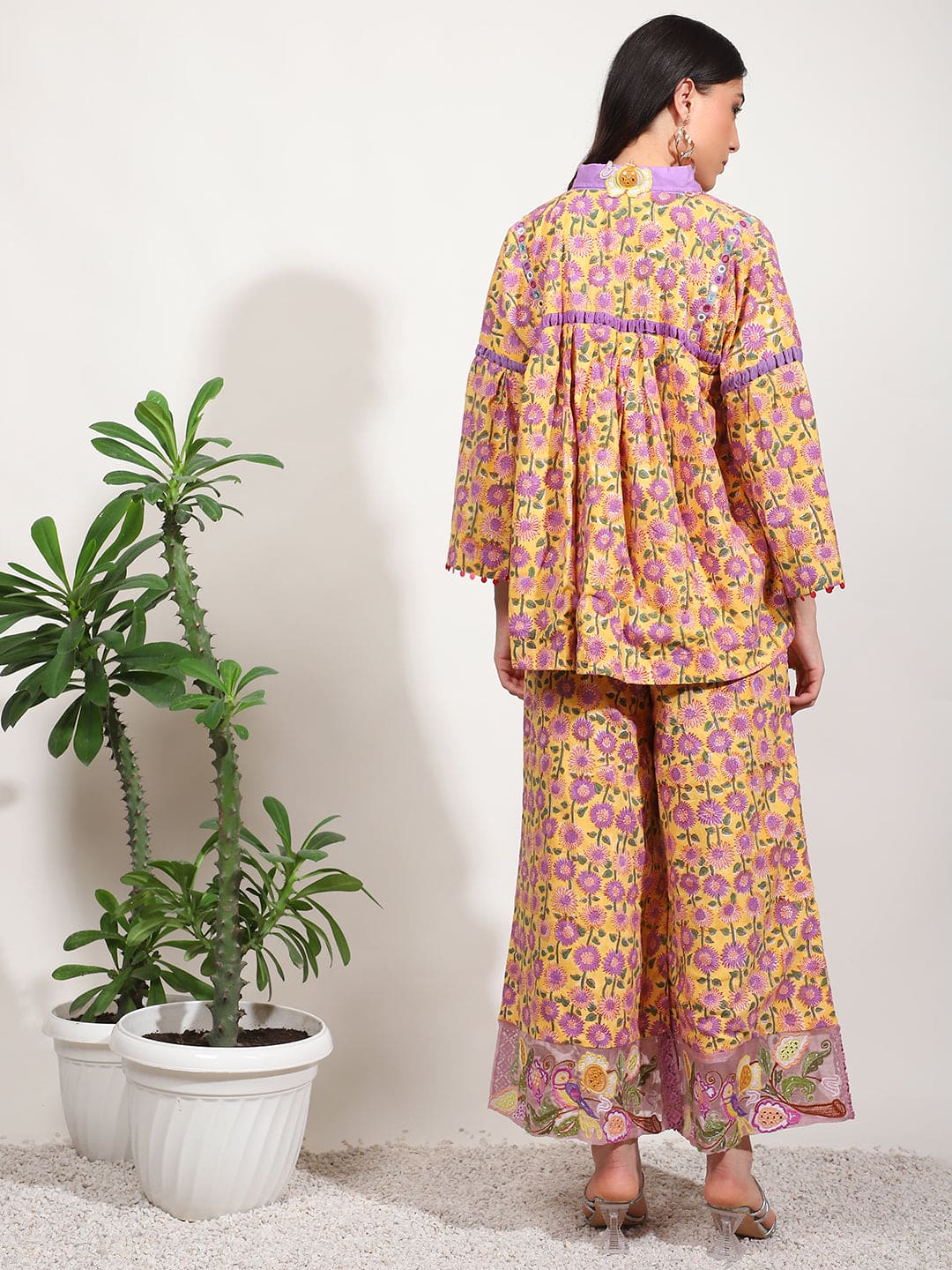 Embroidered Mirror Work Co-Ord Set - Yellow