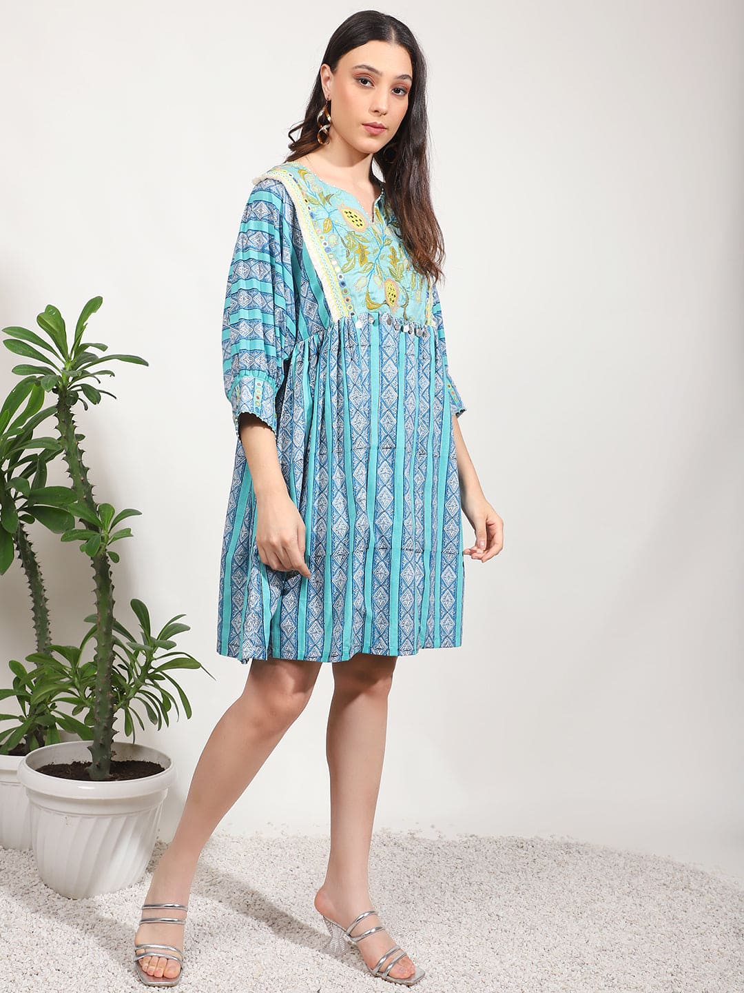 Embroidered Mirror Work Dress - Light Blue